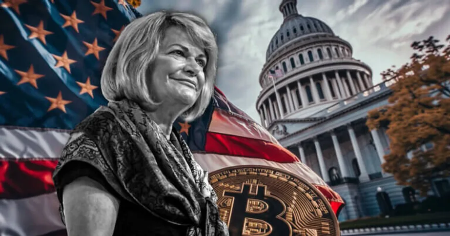 Black-and-white photo of a smiling woman before a US flag, the Capitol dome and a gold Bitcoin coin