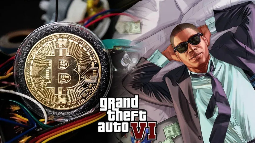 Gold Bitcoin coin beside Grand Theft Auto VI artwork of a man in sunglasses lying on scattered cash