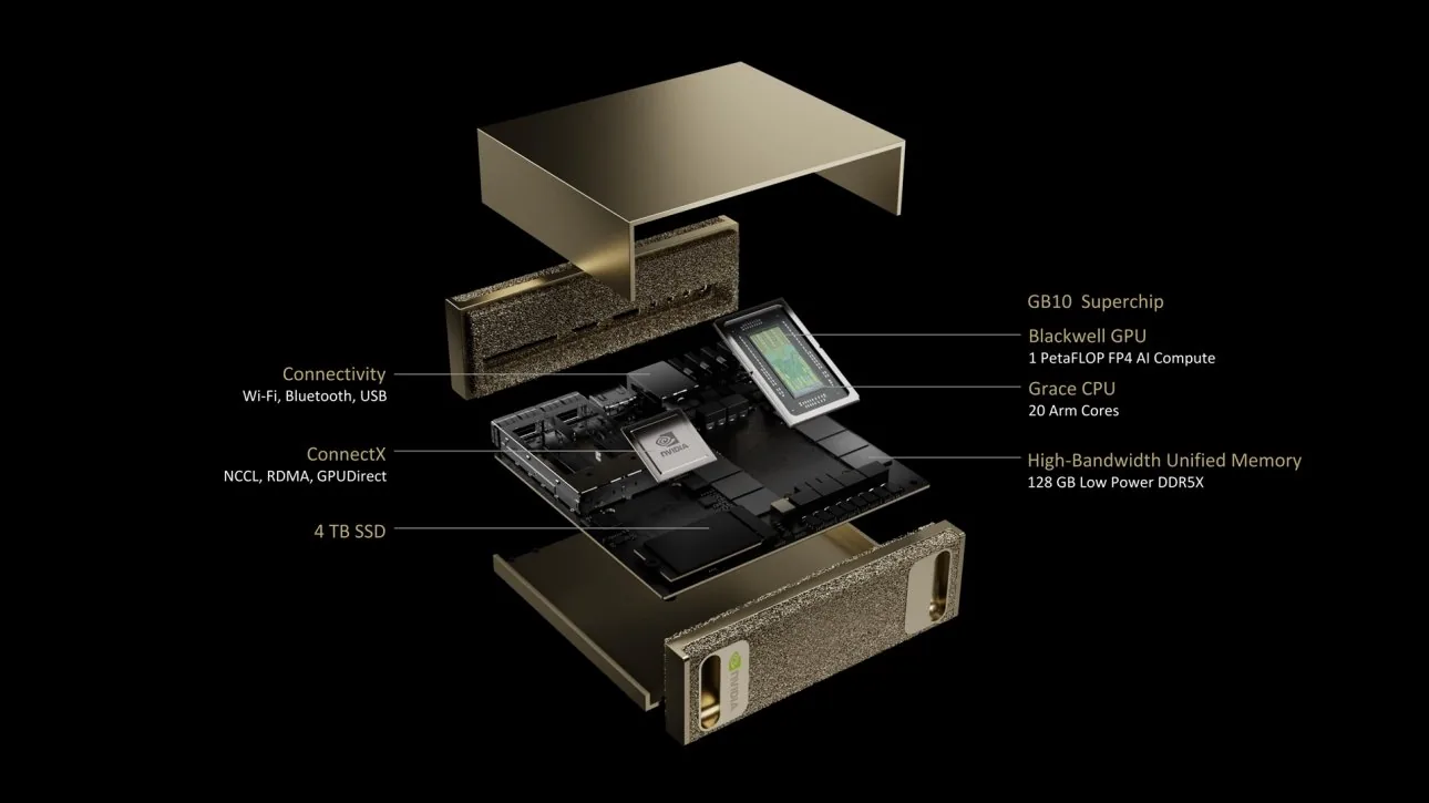 Nvidia exploded view of a compact AI computer built on the GB10 Superchip, with Blackwell GPU and Grace CPU labeled