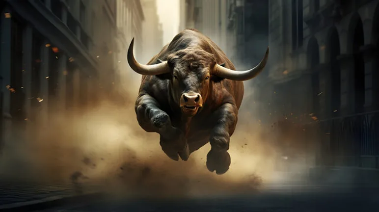Charging bull kicking up dust as it runs down a city street