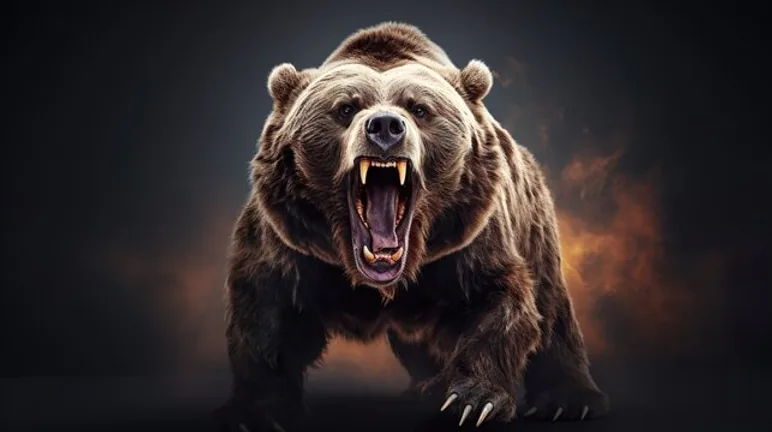 Roaring brown bear with bared teeth against a dark, smoky background, representing the bear case