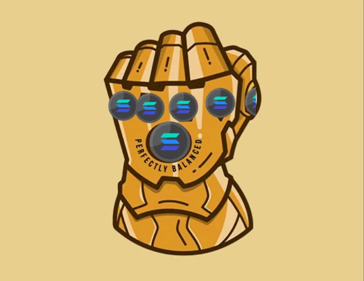 Cartoon Infinity Gauntlet set with Solana logo stones, engraved Perfectly Balanced