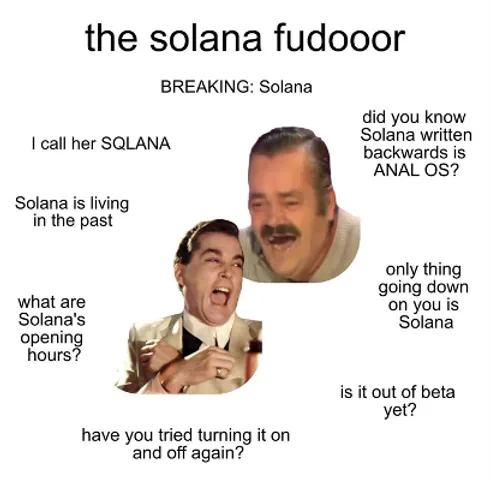 Meme titled 'the solana fudooor' mocking Solana outages, with jokes around two laughing men