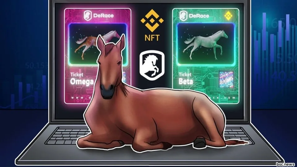 Cartoon horse lying on a laptop showing DeRace NFT race tickets and a Binance NFT logo