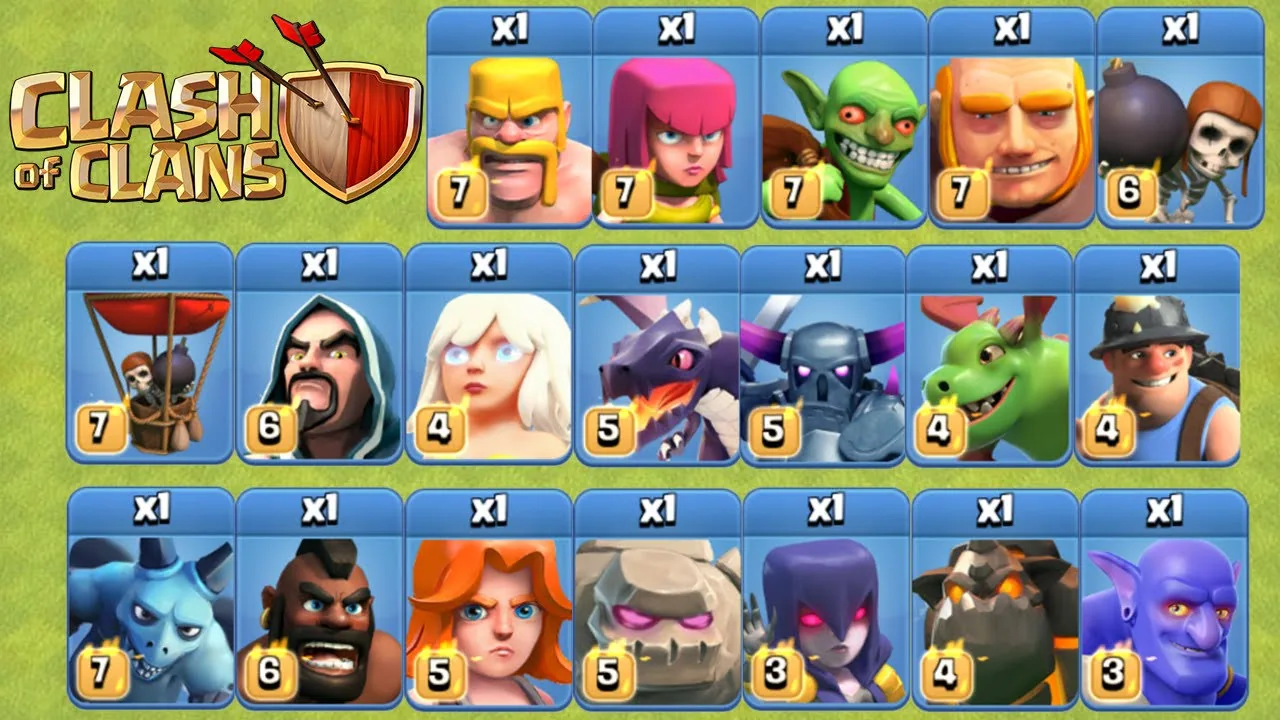 Clash of Clans logo beside a grid of the game's troop cards, each with a level badge