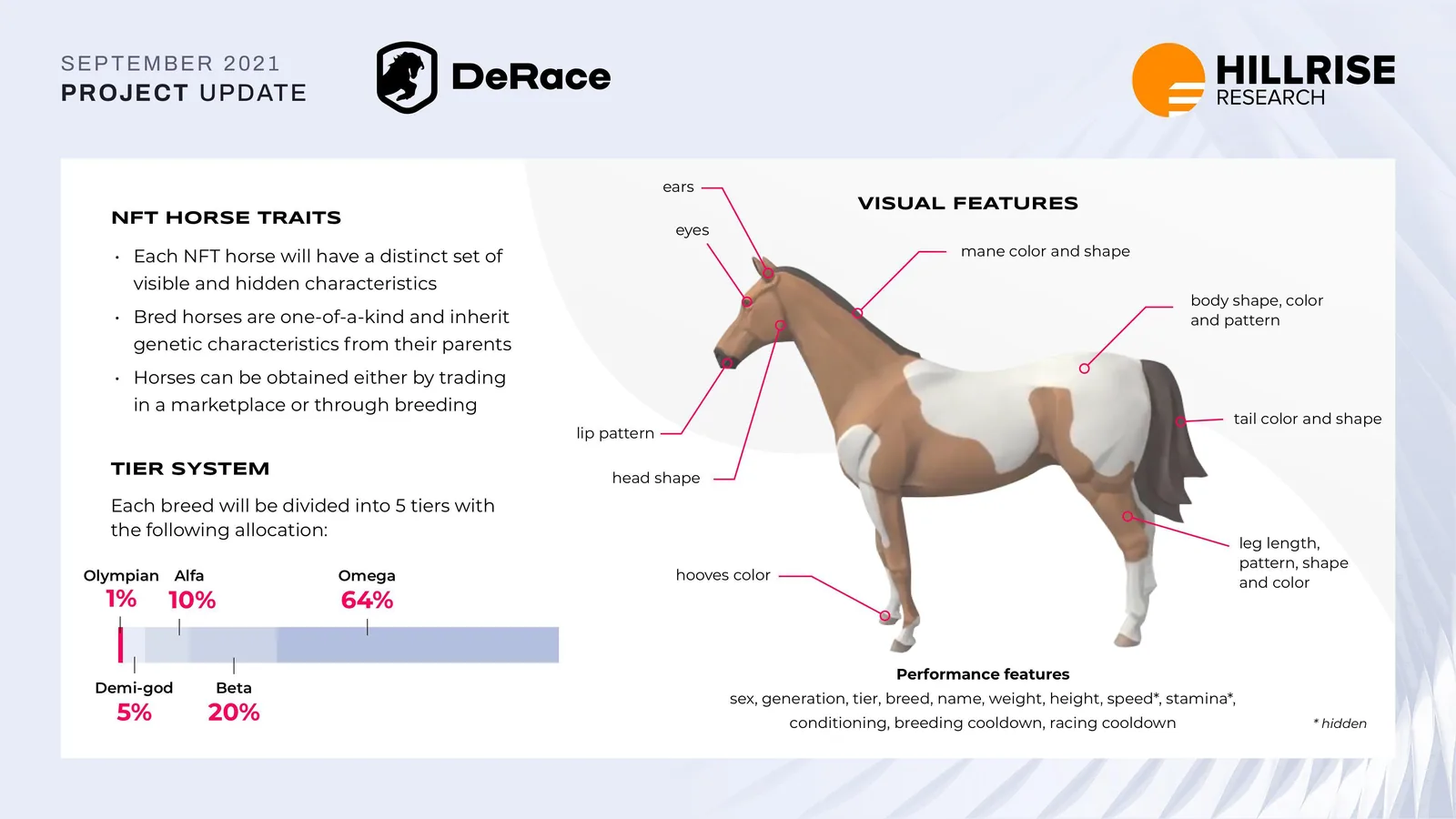 DeRace NFT horse traits infographic by Hillrise Research: labeled visual features and breed tier allocation