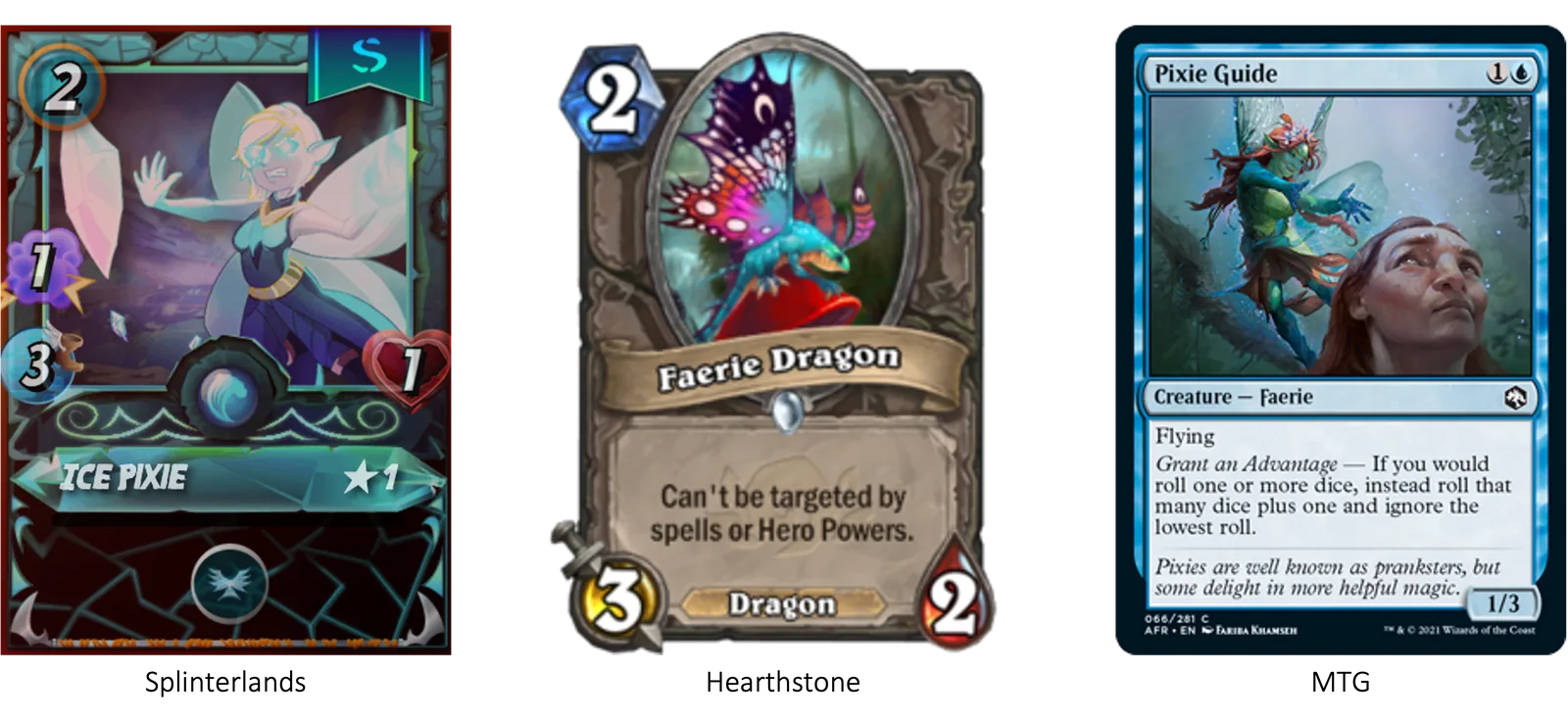 Fairy cards compared side by side: Splinterlands Ice Pixie, Hearthstone Faerie Dragon, and MTG Pixie Guide