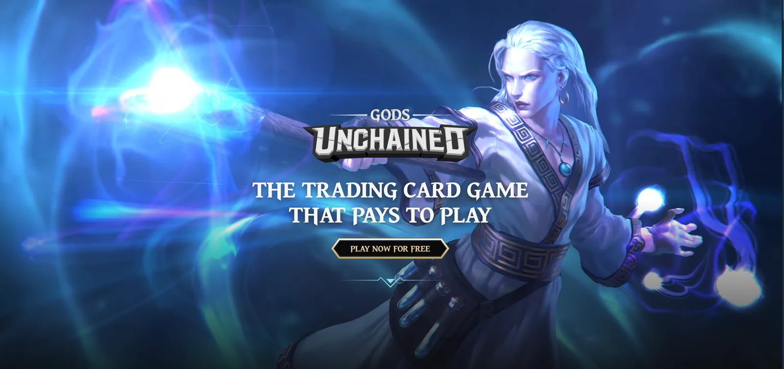 Gods Unchained homepage banner: The trading card game that pays to play