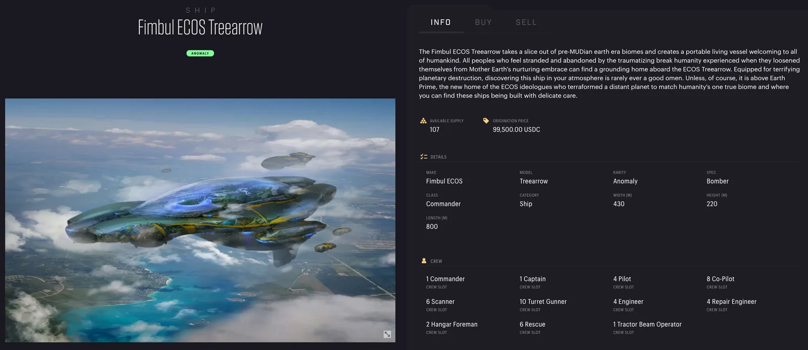 Star Atlas marketplace listing for the Fimbul ECOS Treearrow ship, with specs, crew slots, and USDC price