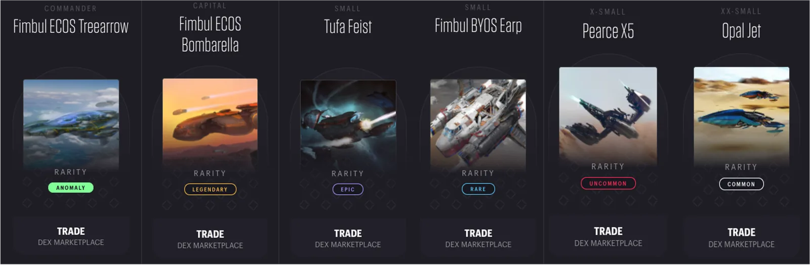 Star Atlas marketplace ship cards from Commander to XX-Small class, each tagged with a rarity tier