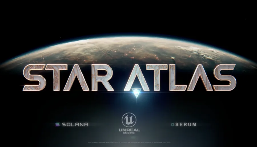 Star Atlas title card over a planet horizon, with Solana, Unreal Engine and Serum logos
