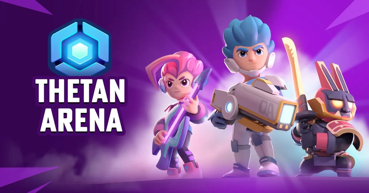Thetan Arena key art showing the game logo and three armed hero characters