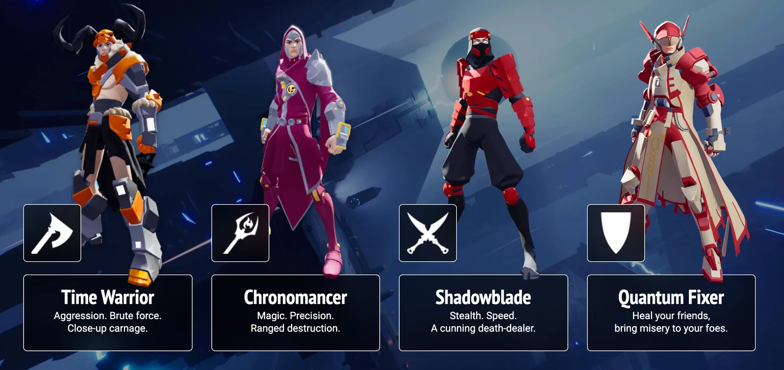 Big Time character classes: Time Warrior, Chronomancer, Shadowblade and Quantum Fixer