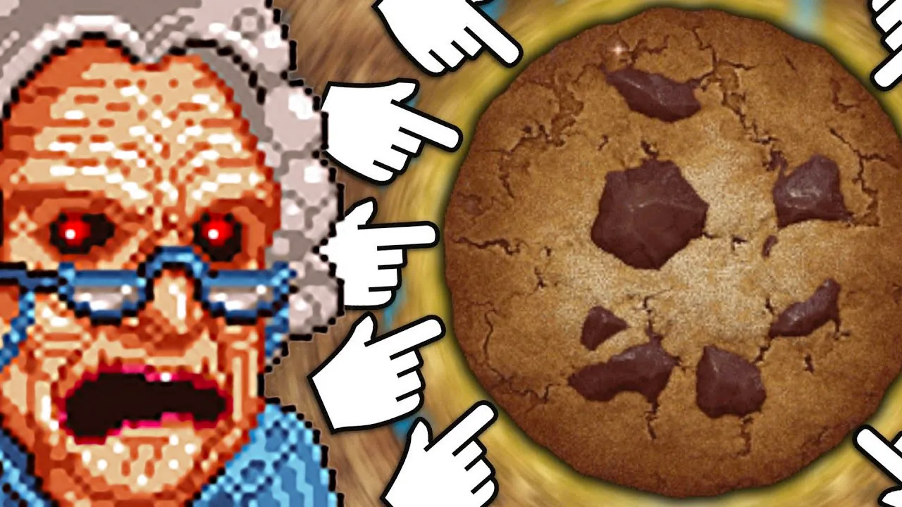 Cookie Clicker artwork: a pixel-art grandma beside a giant chocolate chip cookie ringed by pointing cursors