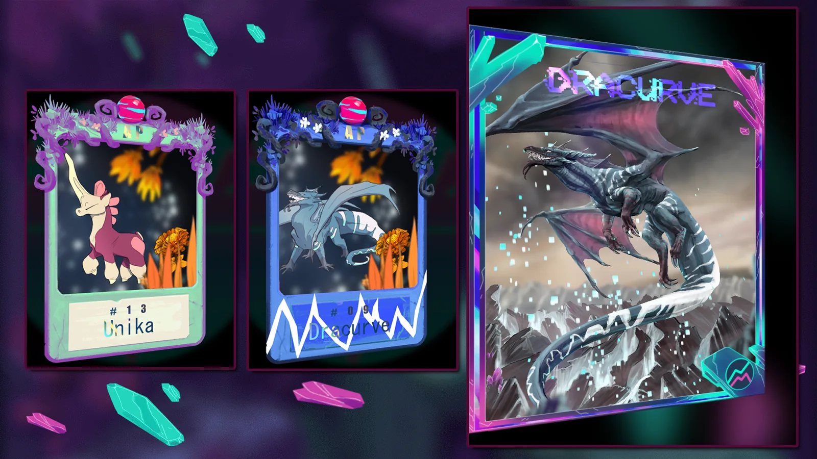 Creature cards for Unika and Dracurve beside a larger holographic Dracurve dragon card
