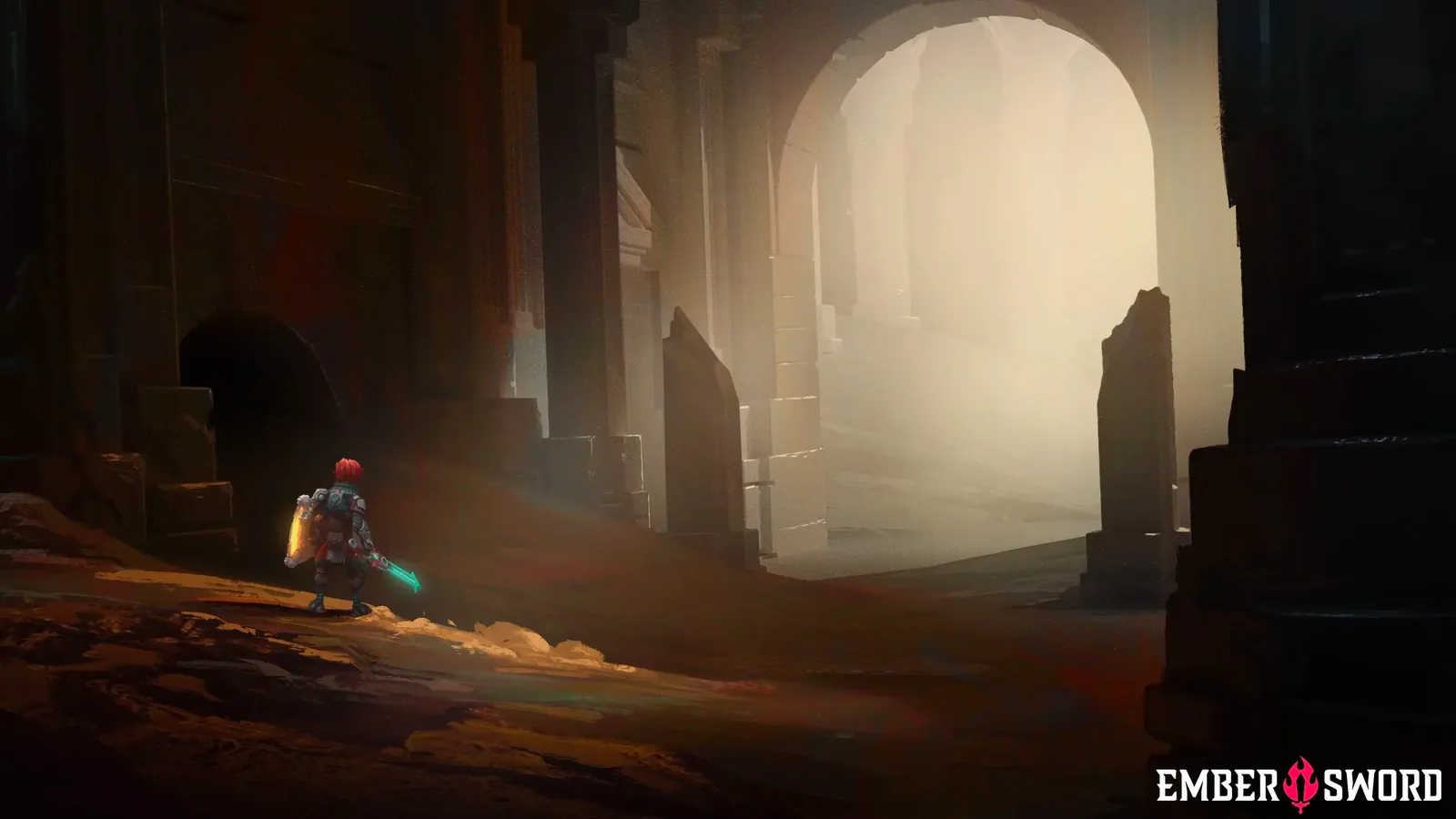 Ember Sword concept art of a small red-haired warrior with a glowing sword before a misty stone archway