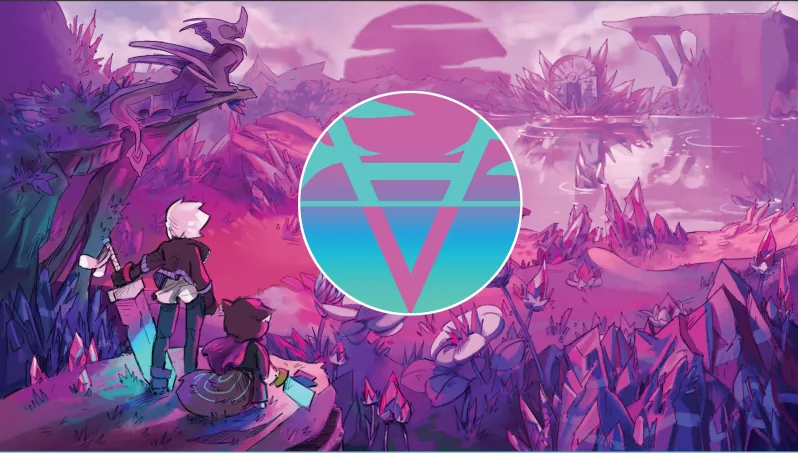 Illustrated pink crystal landscape with two heroes and a dragon behind a round teal and pink logo