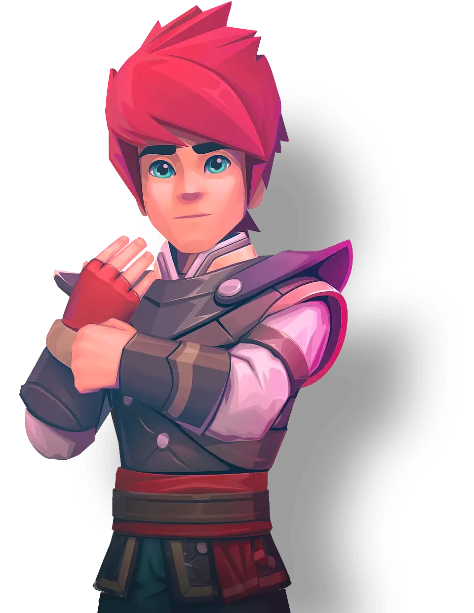 Stylized fantasy game character with spiky red hair, leather armor and a red fingerless glove