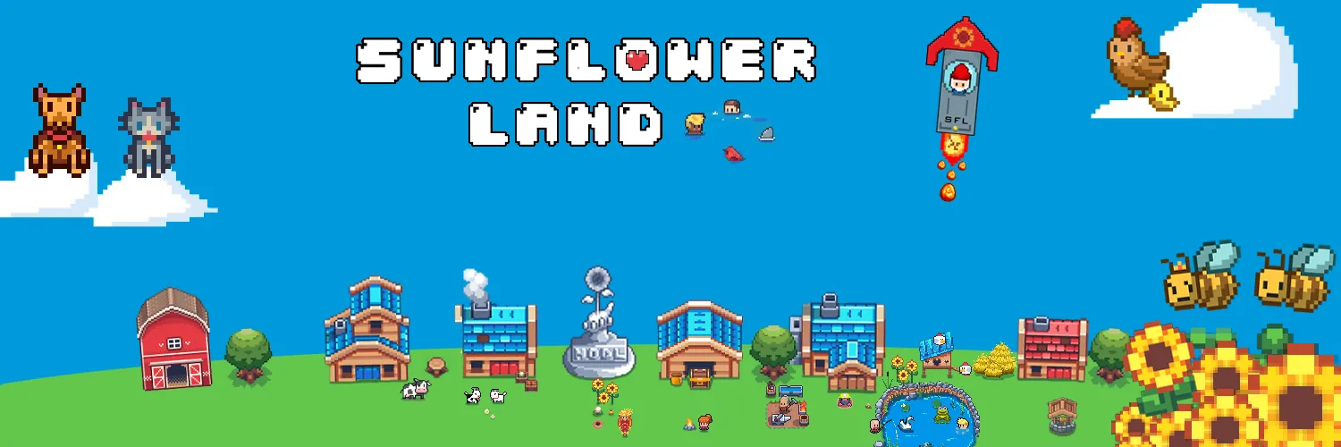 Sunflower Land pixel art banner of a farm village with animals, bees, sunflowers, and a rocket