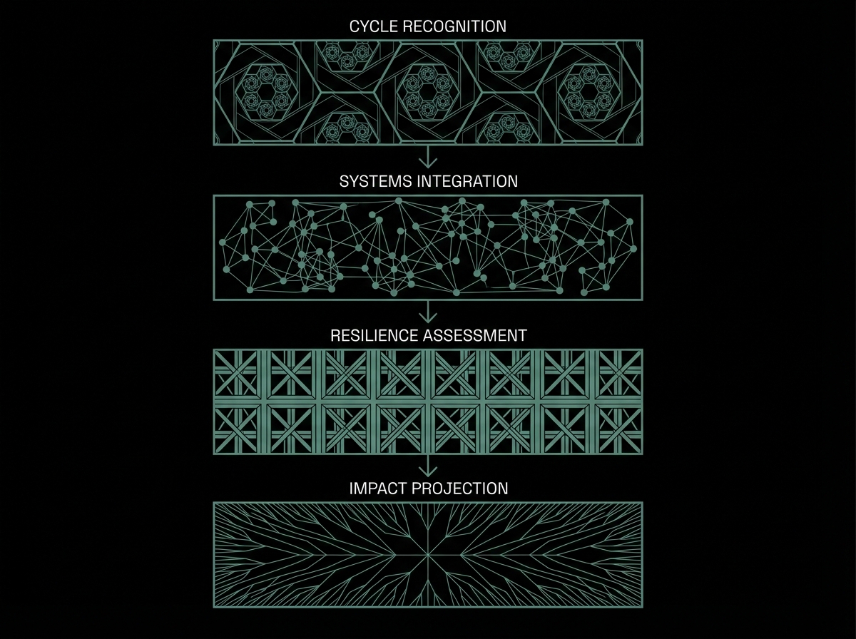 Four-layer Cycle Nexus Framework diagram showing Cycle Recognition as base layer, followed by Systems Integration, Resilience Assessment, and Impact Projection at the top, with upward arrows connecting each layer