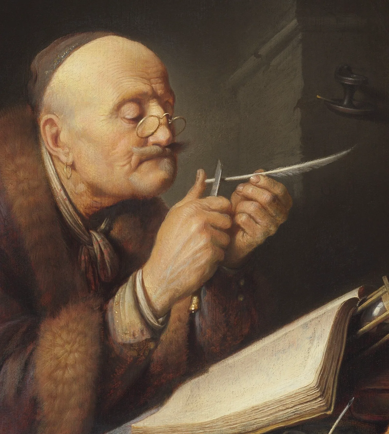 Old master painting of an elderly scholar in spectacles sharpening a quill pen over an open book