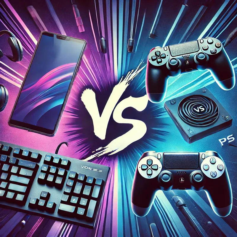 Illustration pitting a smartphone and keyboard against console game controllers, with VS in the center
