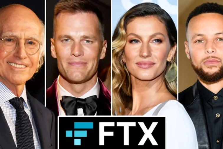 Headshots of four celebrities above the FTX logo