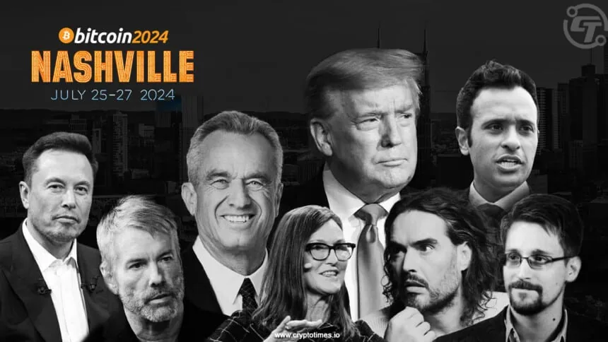 Bitcoin 2024 Nashville conference promo for July 25 to 27, 2024, with headshots of eight featured speakers