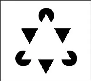 Kanizsa triangle optical illusion: black shapes that make the eye see a white triangle that isn't drawn