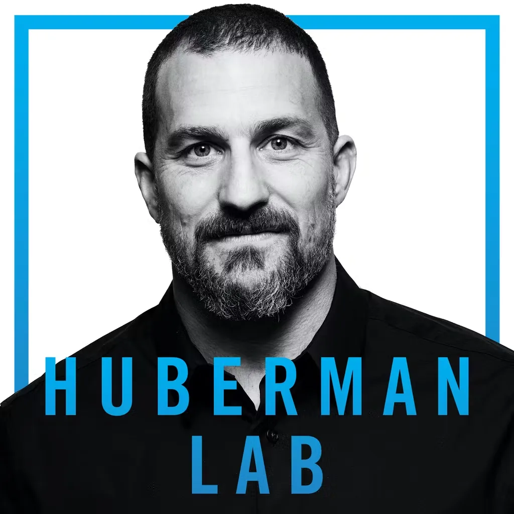 Huberman Lab podcast cover art with a black-and-white portrait of the host