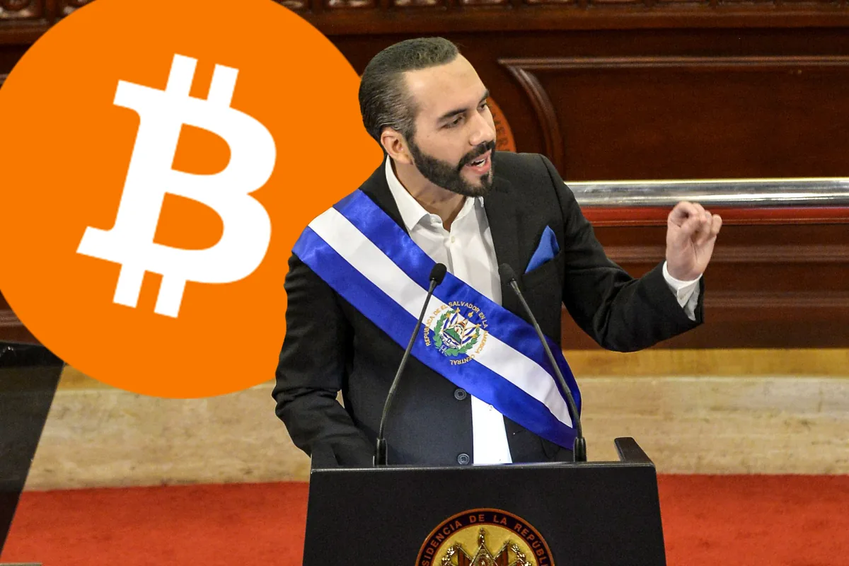Speaker in El Salvador's presidential sash at a podium beside a Bitcoin logo