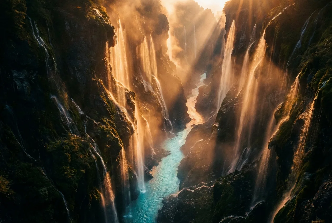 Hundreds of water streams cascading down dark canyon walls, converging into a single luminous channel: representing the daily cognitive budget funneled through conscious processing
