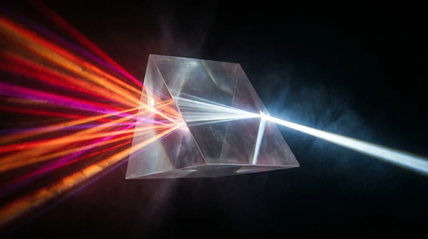 A glass prism in darkness, chaotic multicolored light entering from all directions and compressing into a single precise beam: representing consciousness as a compression algorithm