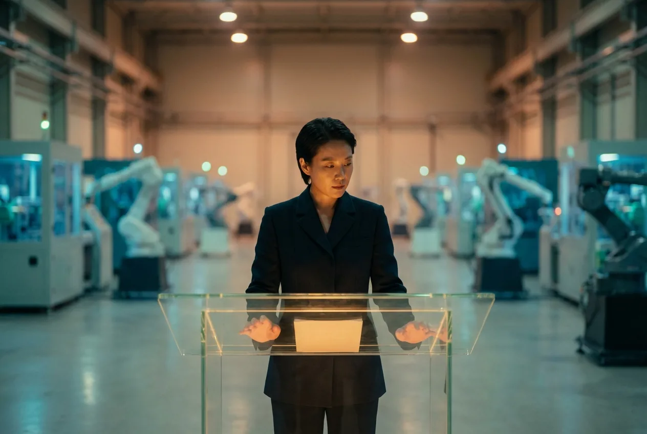 A person standing at a minimal control console, with a vast autonomous system operating behind them: human judgment at decision points governing larger automated processes